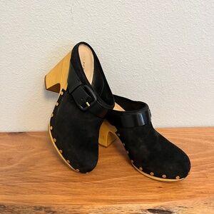 Veronica Beard Black Suede Mules with Tan Wooden Heels